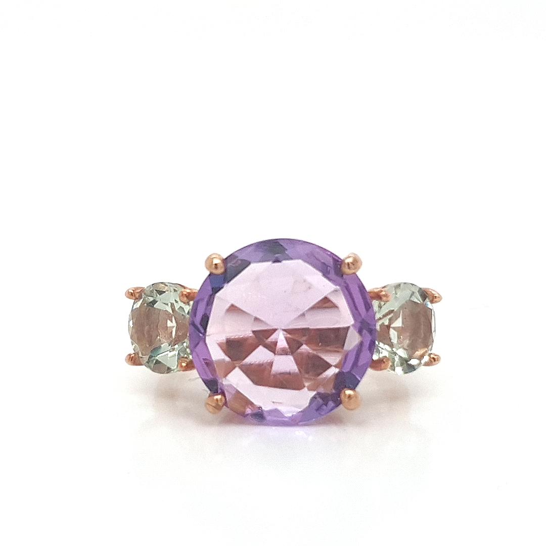9ct Rose Gold Purple & Green Amethyst Three Stone Ring