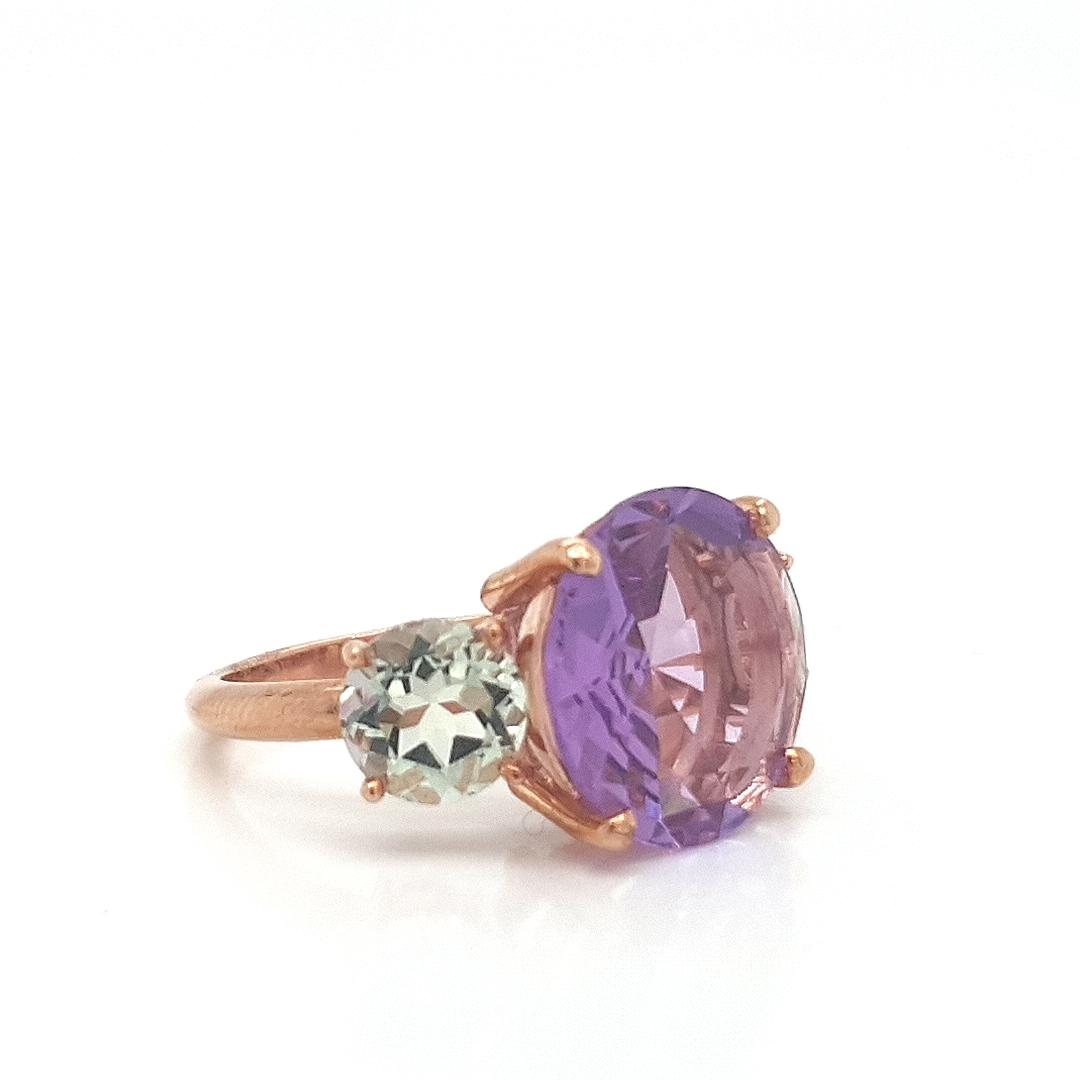 9ct Rose Gold Purple & Green Amethyst Three Stone Ring