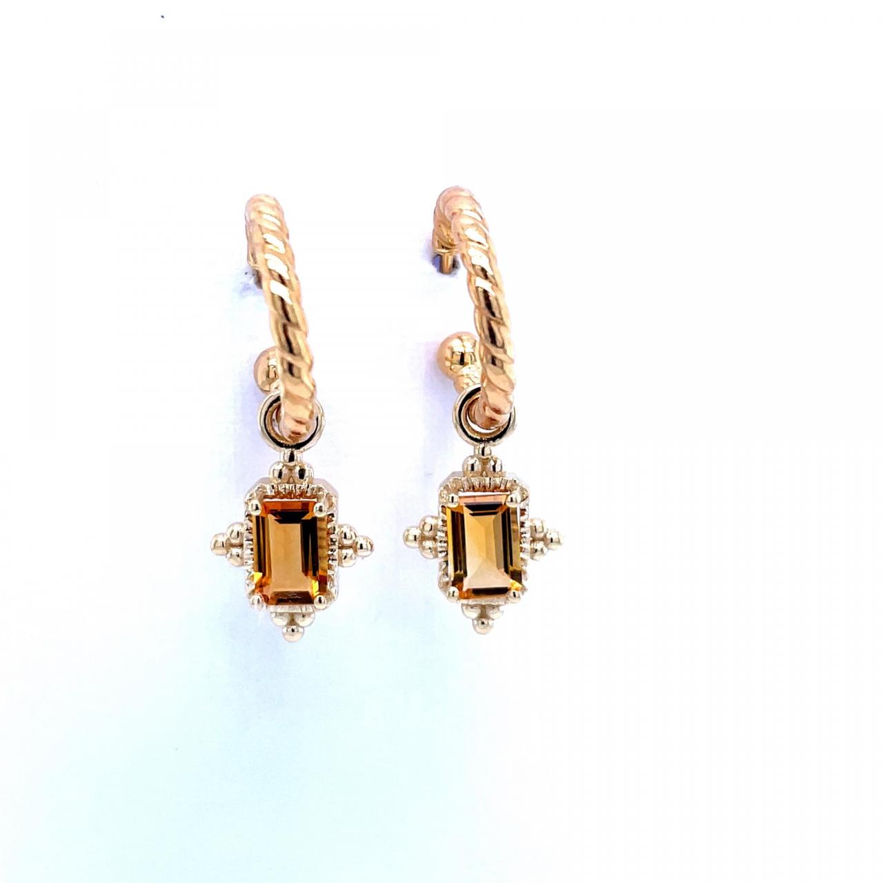 9ct Yellow Gold Emerald Cut Citrine Drop Hoop Earrings