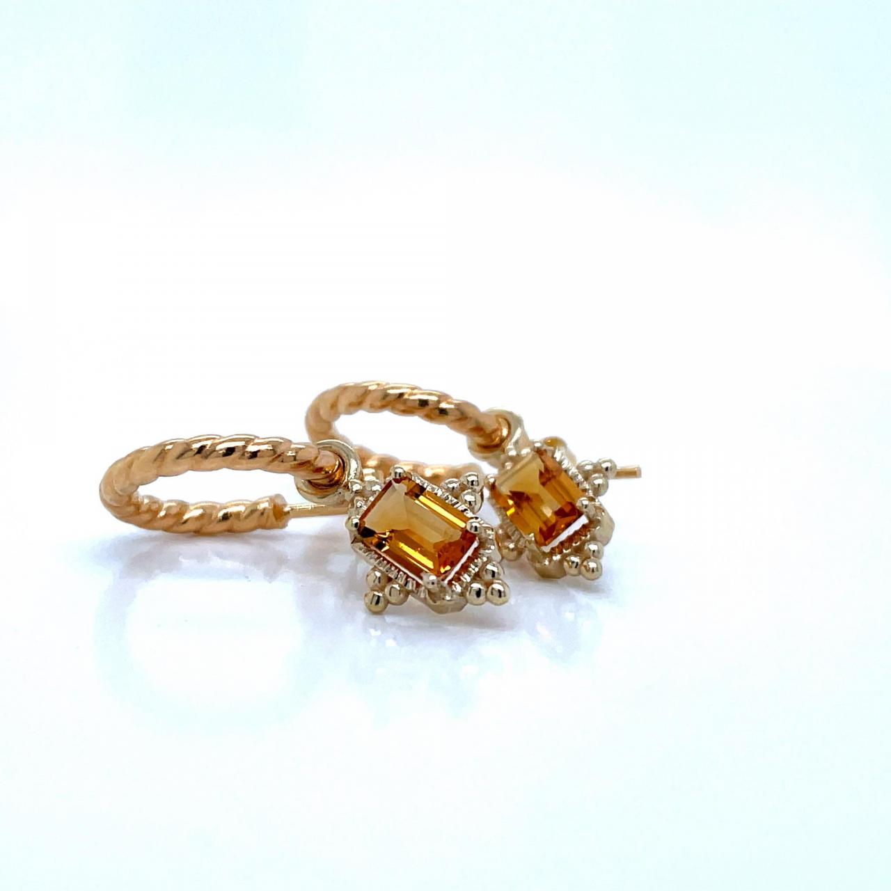 9ct Yellow Gold Emerald Cut Citrine Drop Hoop Earrings