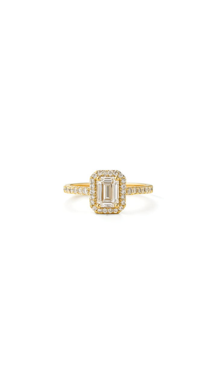 Emerald Cut Halo Diamond Ring in 18ct Yellow Gold