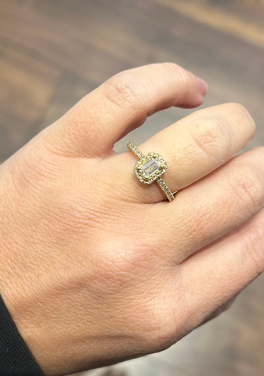 18ct Yellow Gold 0.50ct Emerald Cut Diamond Halo Ring