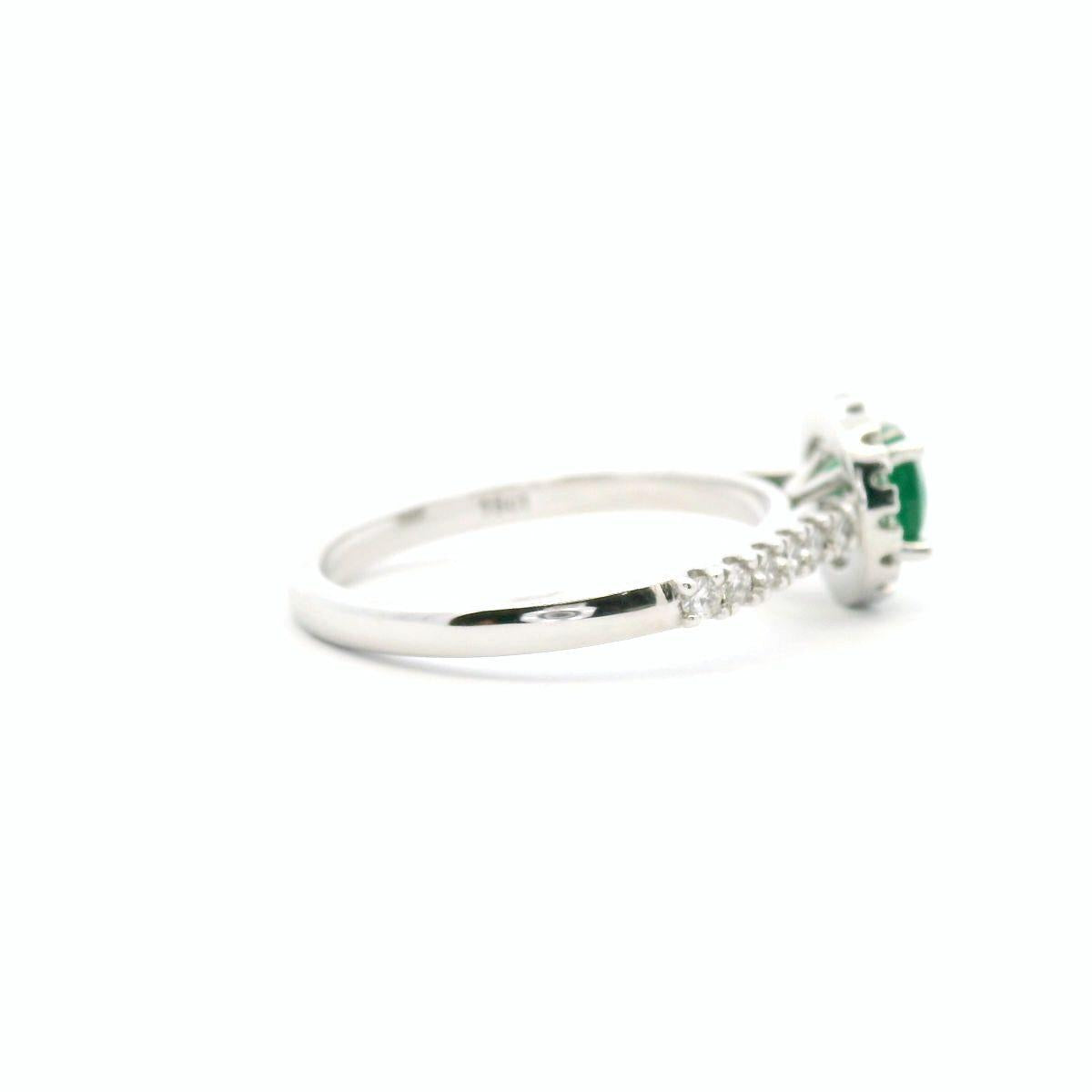Emerald Ring - 18ct White Gold 0.56ct Round Emerald & Diamond Halo Ring