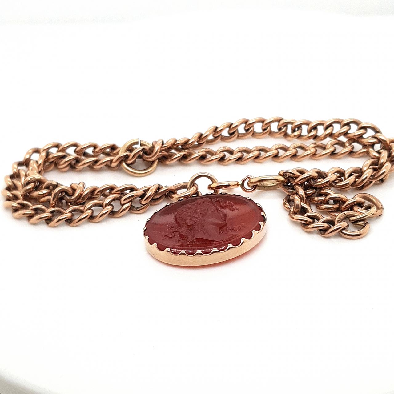 9ct Rose Gold Rounded Curb Chain with Carnelian Stone Charm
