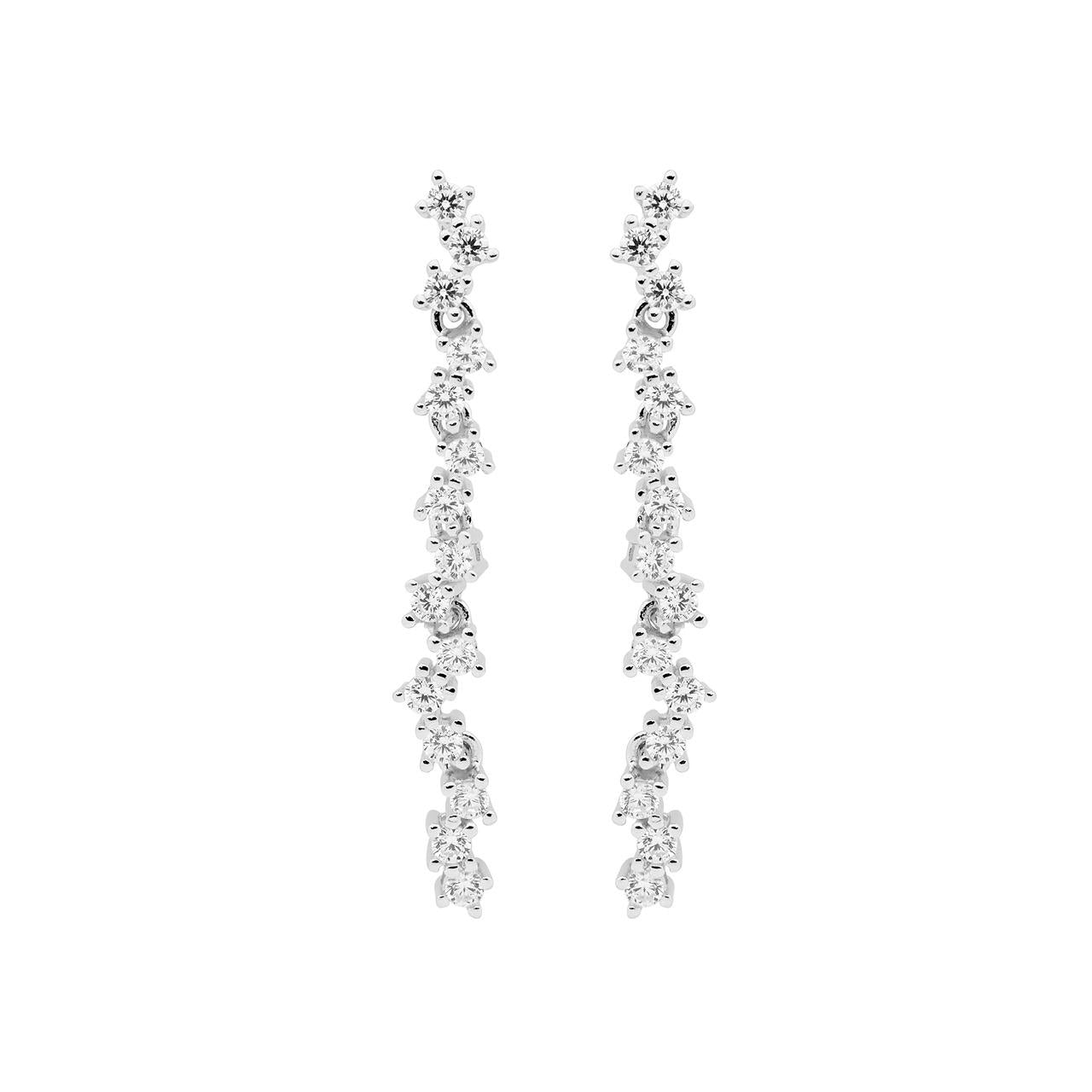 Ellani Sterling Silver Staggered 4cm Drop CZ Earrings