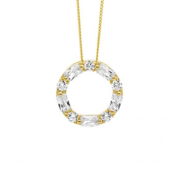 Ellani Sterling Silver and IP Yellow Gold Plated Round and Baguette Circle Pendant Necklace
