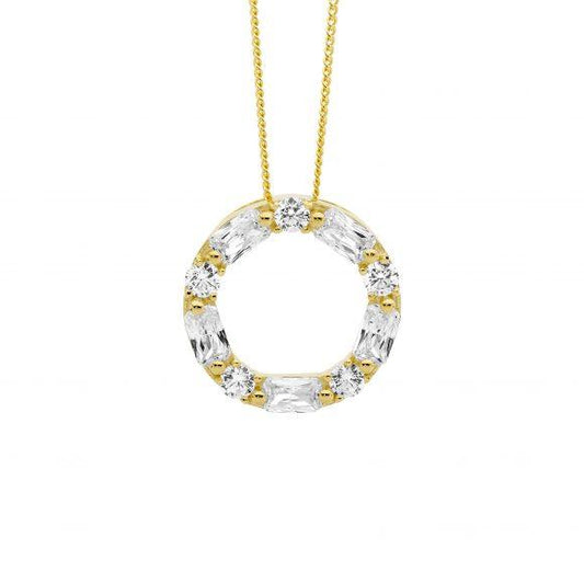 Ellani Sterling Silver and IP Yellow Gold Plated Round and Baguette Circle Pendant Necklace