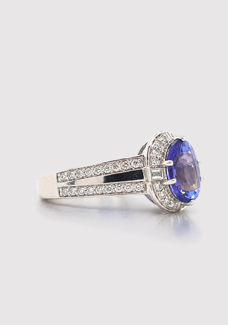 9ct White Gold Oval Tanzanite Ring with Diamond Halo and Double Row Diamond Shoulders Dress Ring