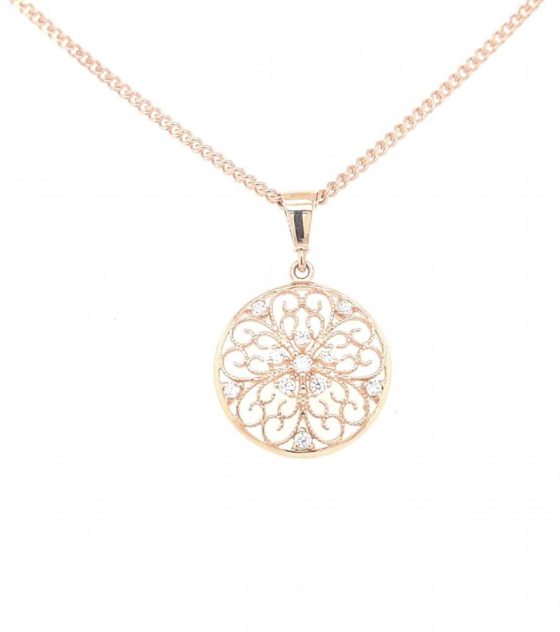 9ct Rose Gold CZ Lace Filigree Pendant