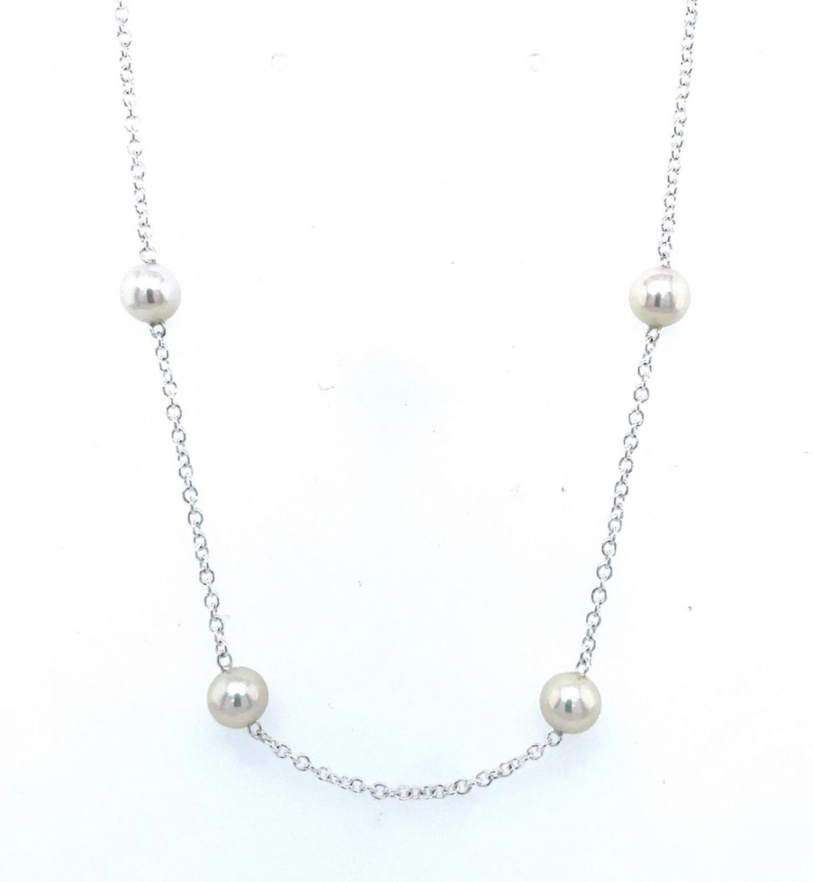 Sterling Silver Oval Belcher Chain with 5mm White Pearls - Necklace