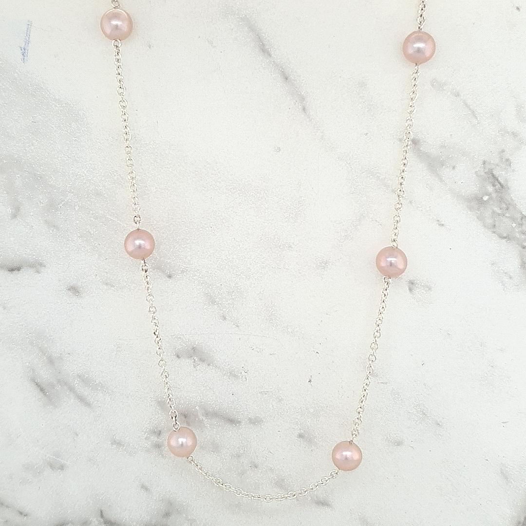 Sterling Silver Oval Belcher Chain with 5mm Pink Pearl Necklace
