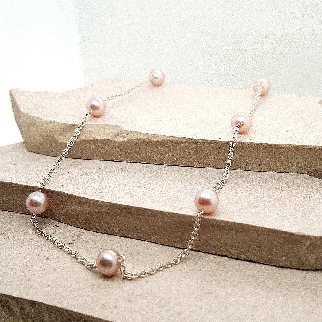 Sterling Silver Oval Belcher Chain with 5mm Pink Pearl Necklace