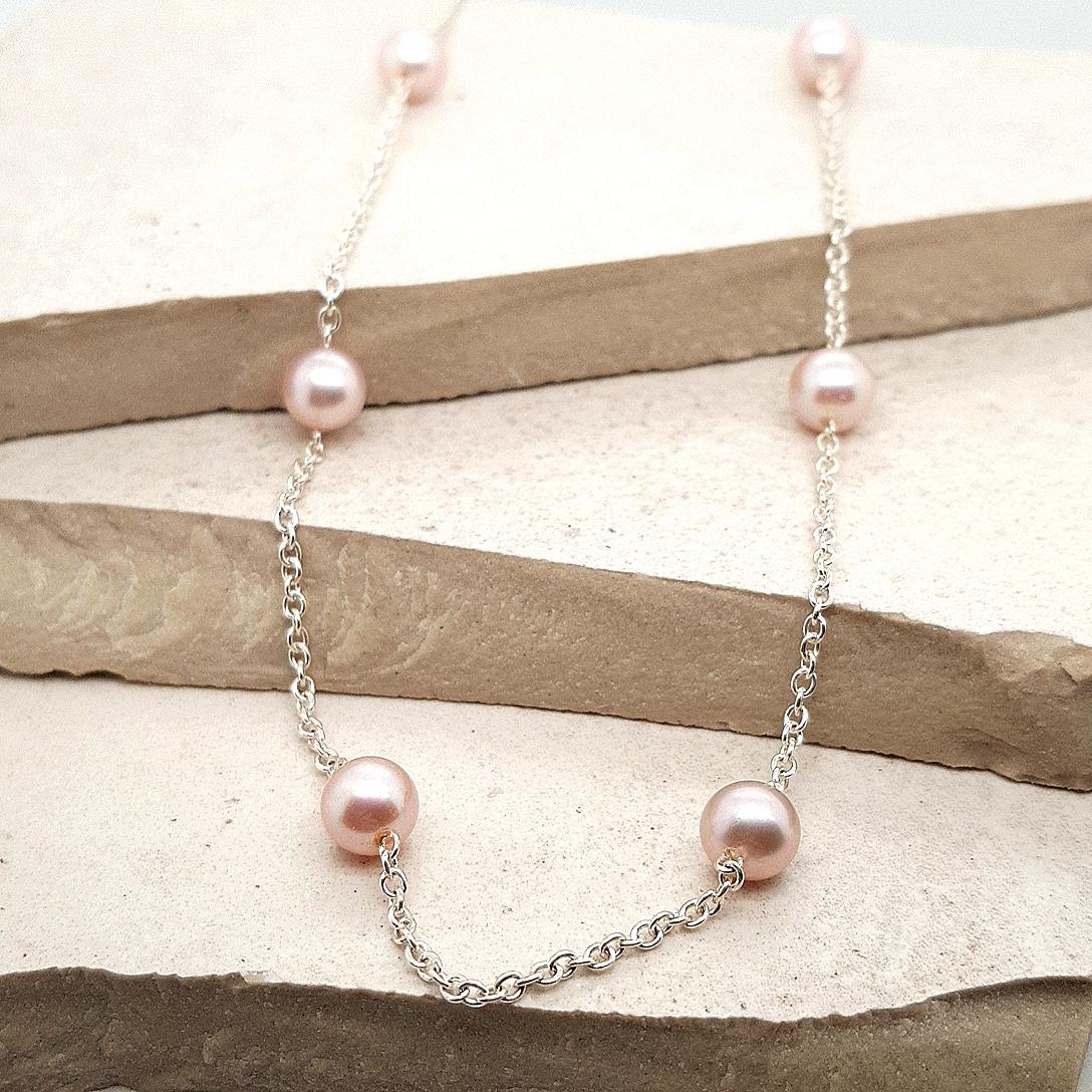 Sterling Silver Oval Belcher Chain with 5mm Pink Pearl Necklace