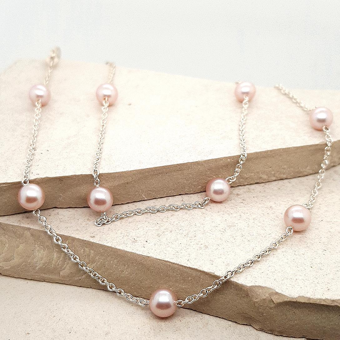 Sterling Silver Oval Belcher Chain with 5mm Pink Pearl Necklace