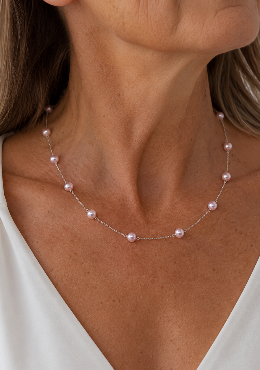 Sterling Silver Oval Belcher Chain with Pink Pearls