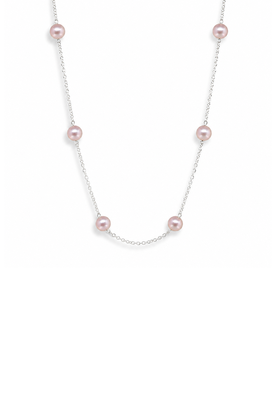 Sterling Silver Oval Belcher Chain with 5mm Pink Pearls