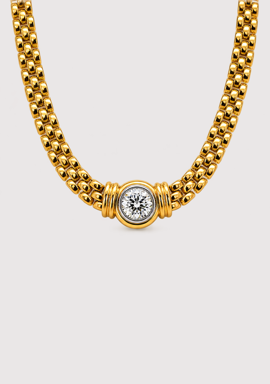18ct Yellow & White Gold Cartier Style 3 Bar Chain with 1.01ct Round Brilliant Bezel Set Lab Grown Diamond