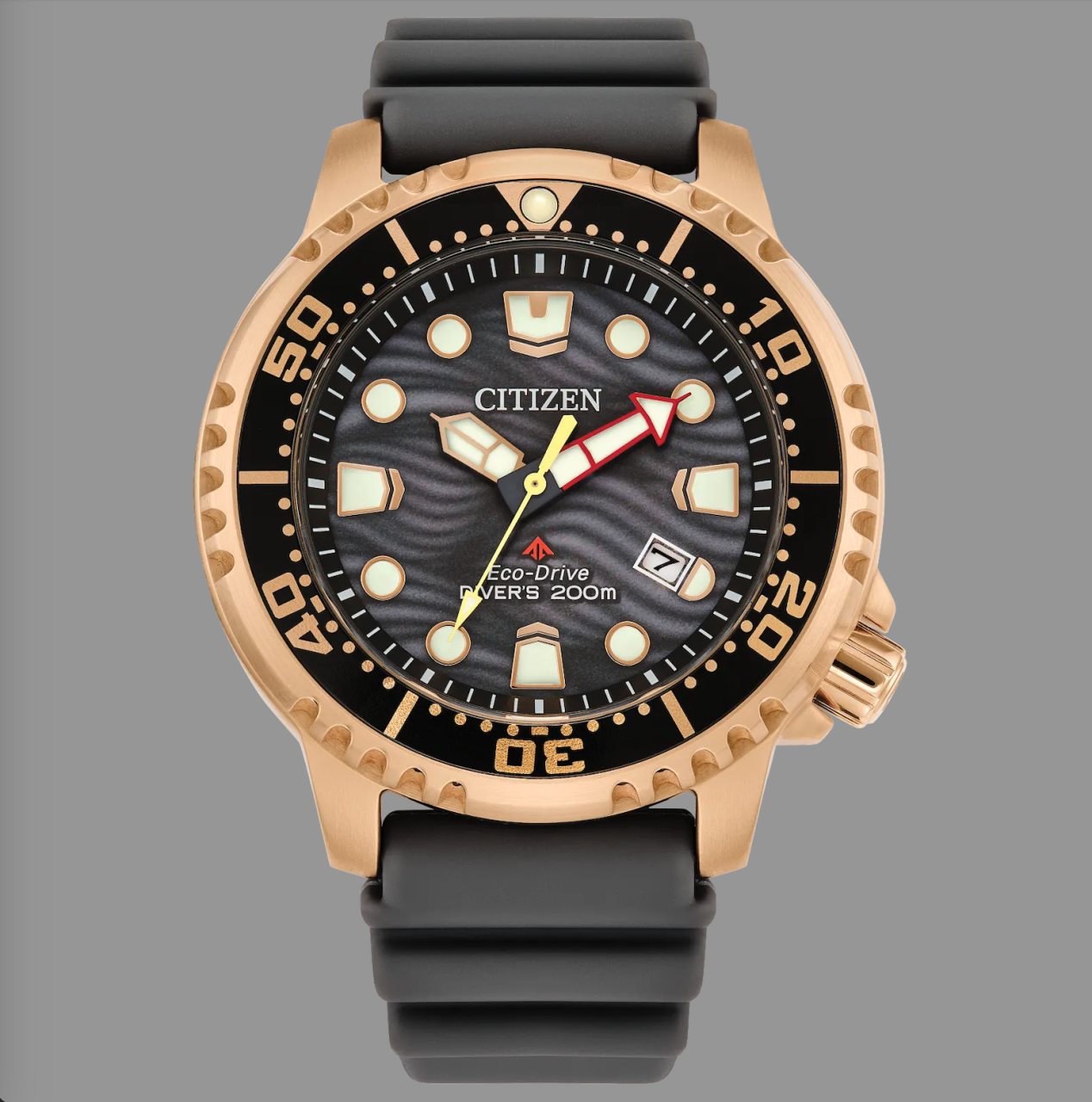 Citizen Gents Eco-Drive Divers Yellow Gold Plated Black/Gray Dial Black Rubber Strap Watch 200M WR Watch Code: BN0163-00H