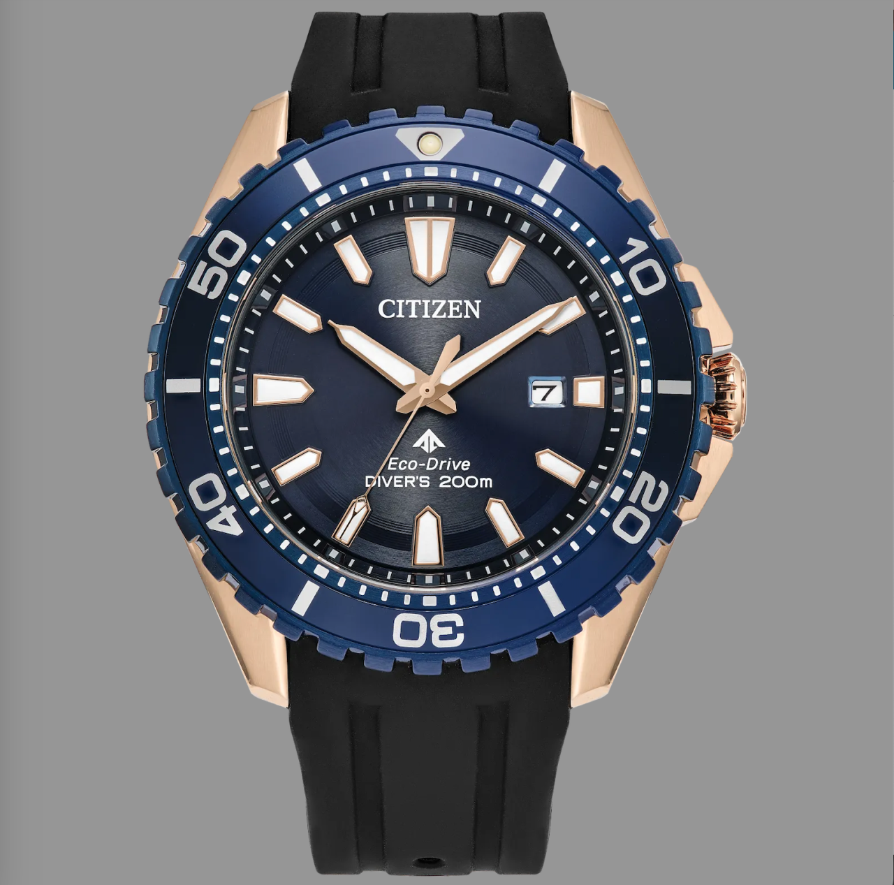Citizen Gents Eco-Drive Divers Yellow Gold Plated Dark Blue Dial Black Rubber Strap Watch 200M WR Watch Code: BN0196-01L