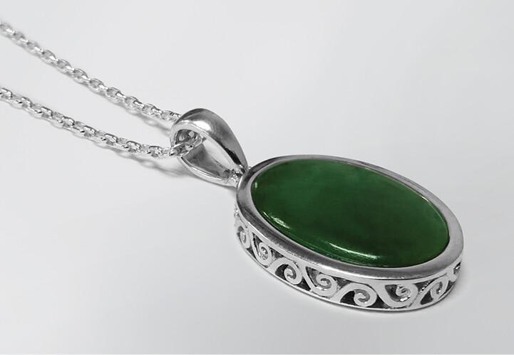 Sterling Silver & Greenstone Double Koru Filigree Oval Pendant