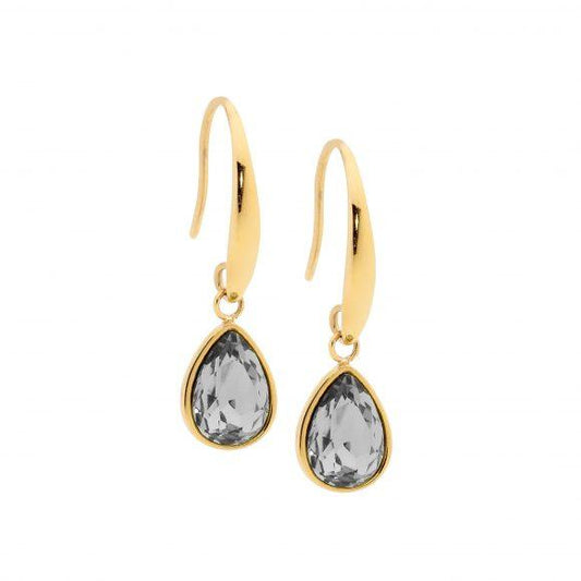 Ellani Stainless Steel Gold Plated Tear Drop Earrings with Smokey Black Glass Stone