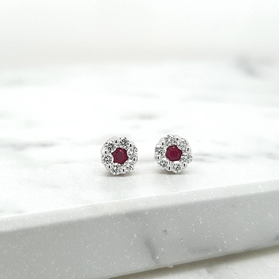 Ruby & Diamond 9ct White Gold Cluster Stud Earrings