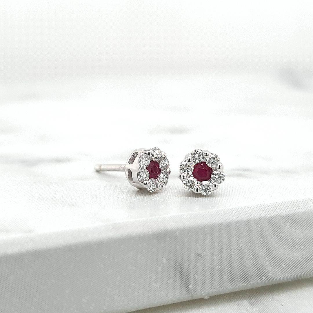 Ruby & Diamond 9ct White Gold Cluster Stud Earrings