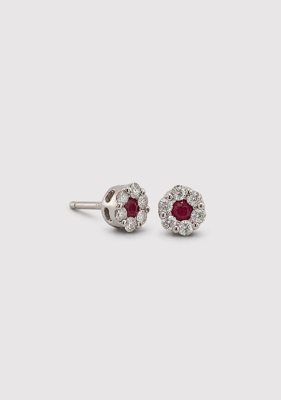 Ruby & Diamond 9ct White Gold Cluster Stud Earrings