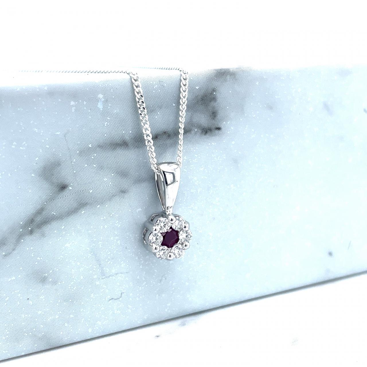 Ruby & Diamond Flower Cluster Pendant in 9ct White Gold