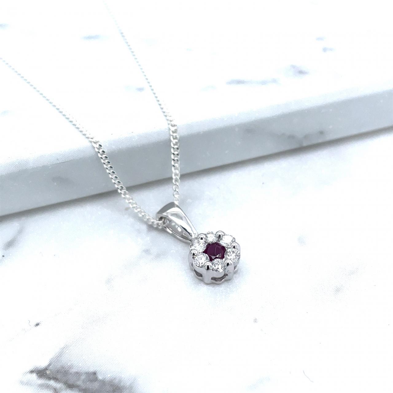 Ruby & Diamond Flower Cluster Pendant in 9ct White Gold