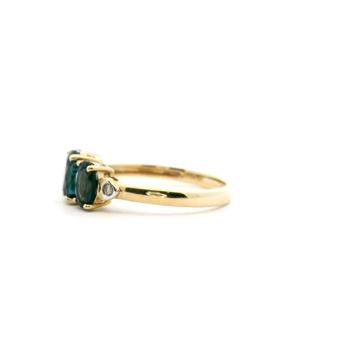 London Blue Topaz 9ct Yellow Gold and Diamond Oval Three Stone Ring