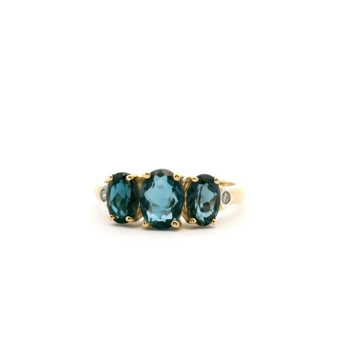 London Blue Topaz 9ct Yellow Gold and Diamond Oval Three Stone Ring