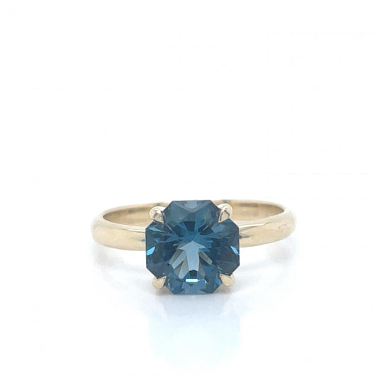 London Blue Topaz 9ct Yellow Gold Octagonal Cut Four Claw Ring