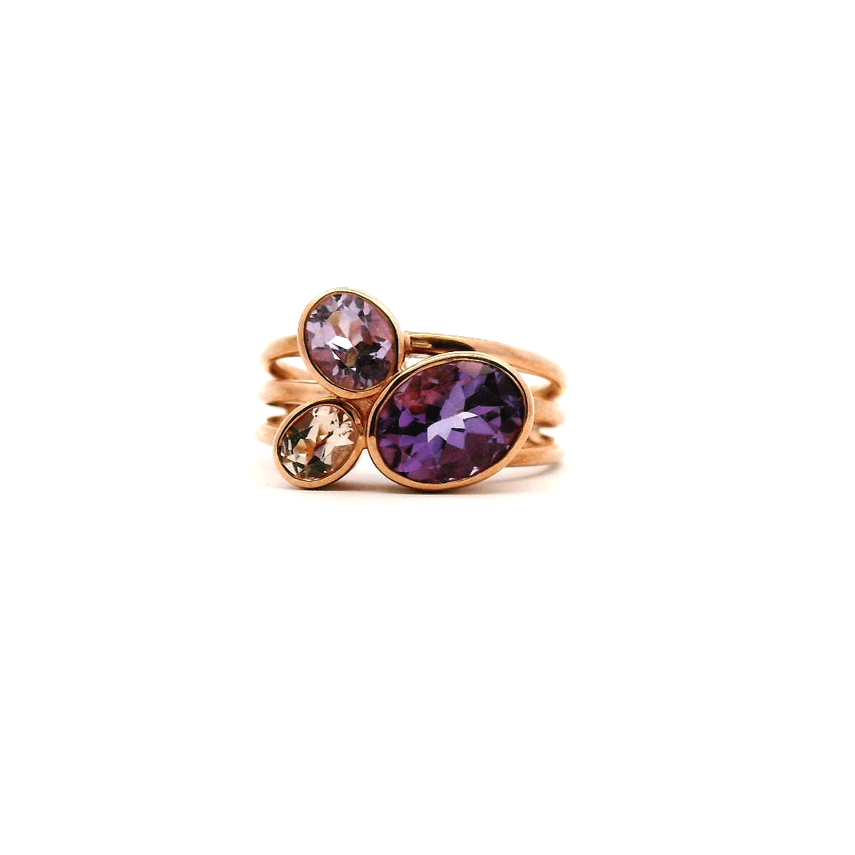 Amethyst & Morganite 9k Rose Gold Bezel Set Three Stone Split Band Ring