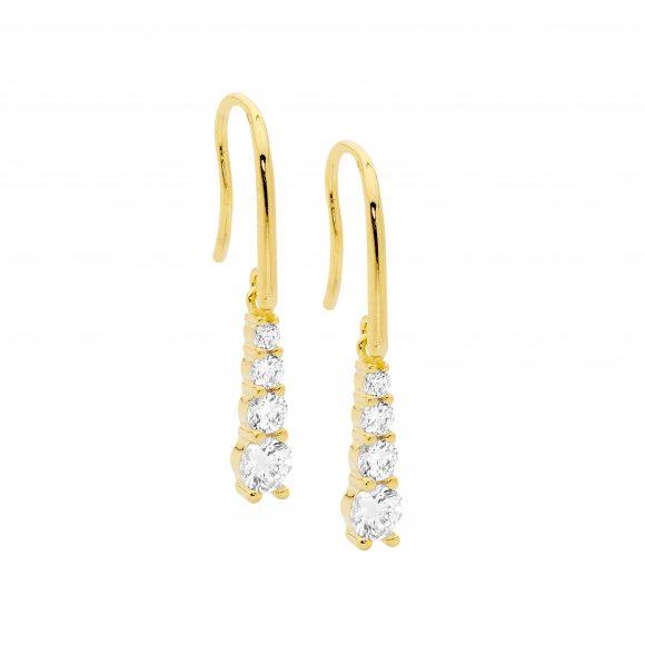 Ellani Yellow Gold Plated Four Round Cubic Zirconia Gradual Drop Hook Earrings