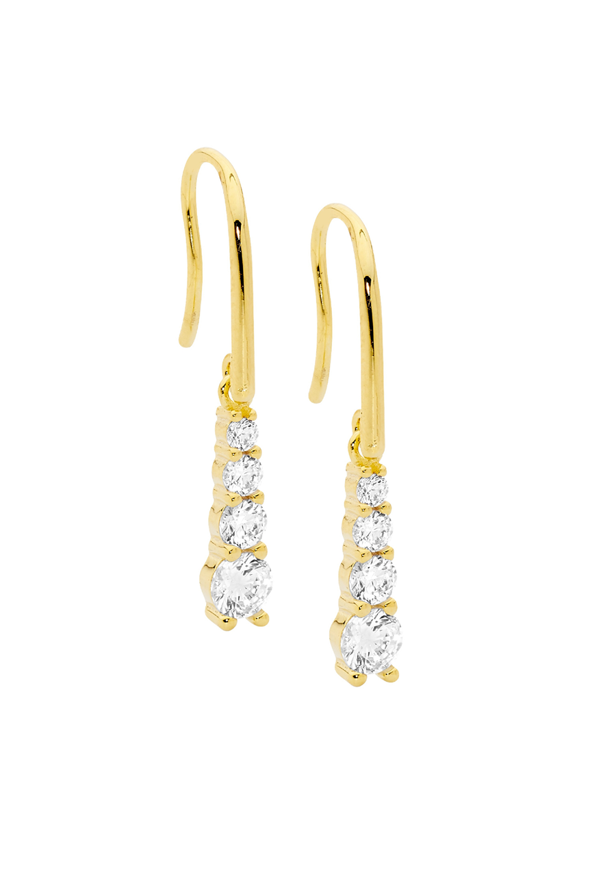 Ellani Yellow Gold Plated Four Round Cubic Zirconia Gradual Drop Hook Earrings