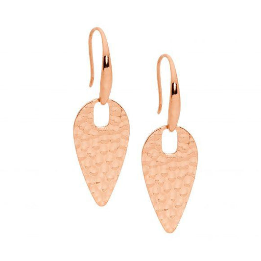 Ellani Stainless Steel Rose Gold Plated Hammered Spear Drop Earrings
