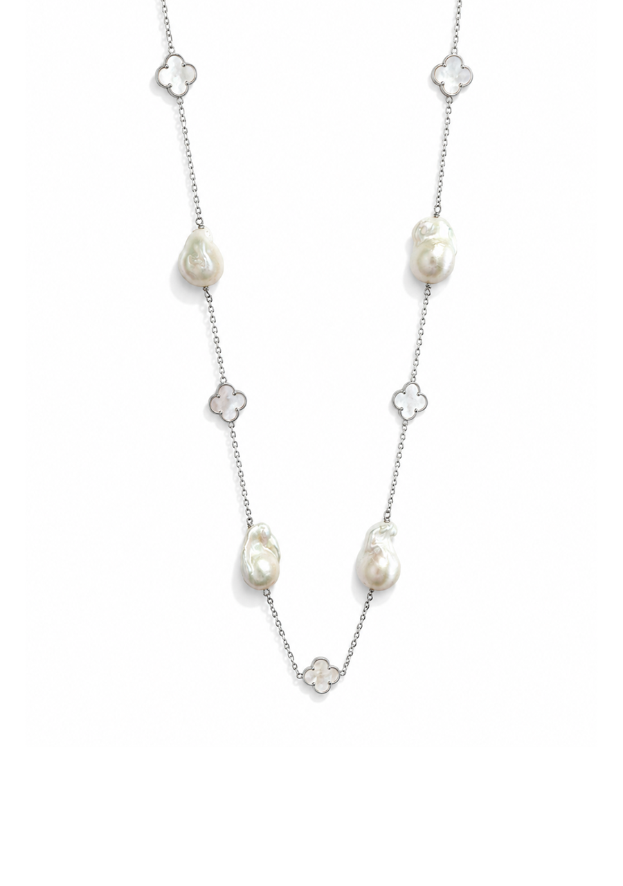 Sterling Silver 14-16mm Freshwater Pearl & Mother of Pearl Necklace