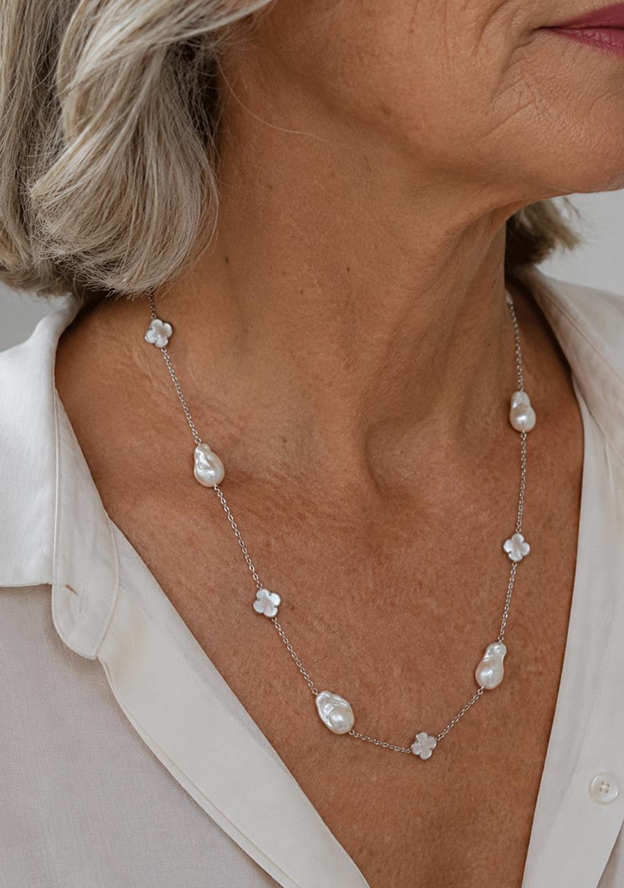 Sterling Silver 14-16mm Freshwater Pearl & Mother of Pearl Necklace