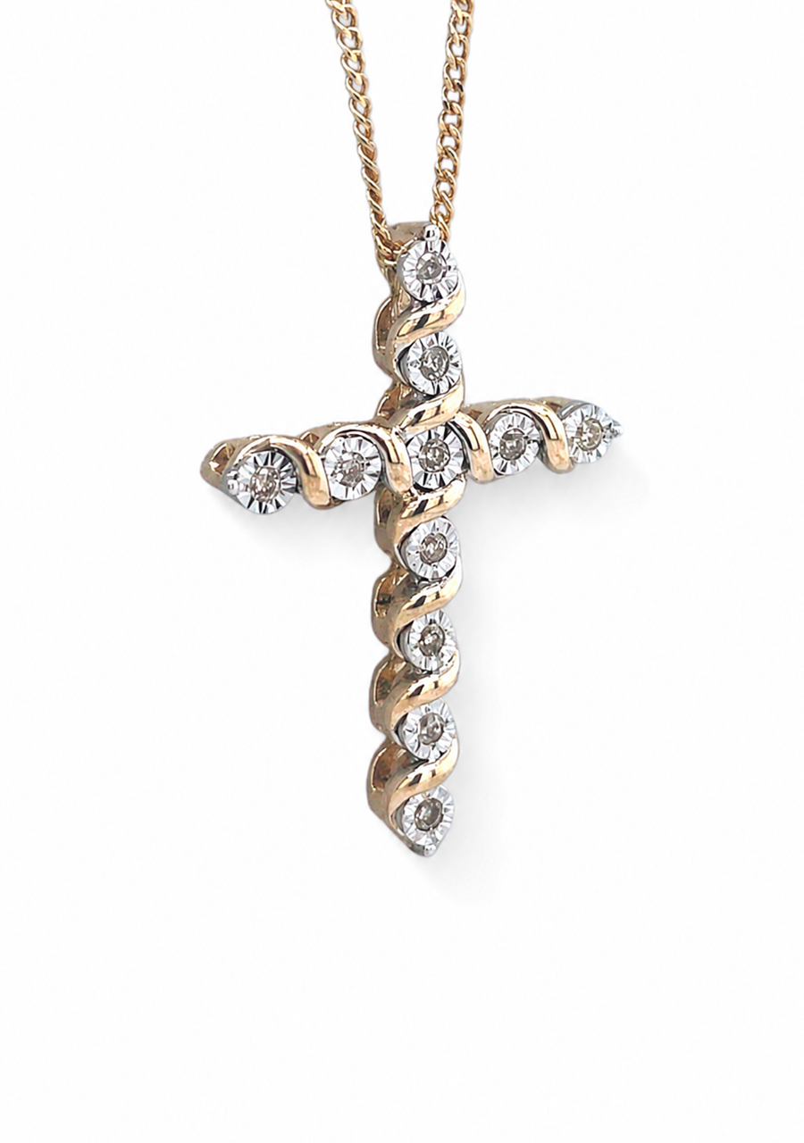 10ct Yellow Gold Diamond Illusion Set Cross Pendant