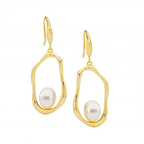 Ellani Sterling Silver Yellow Gold Plated Open Oval Fresh Water Pearl Hook Earrings