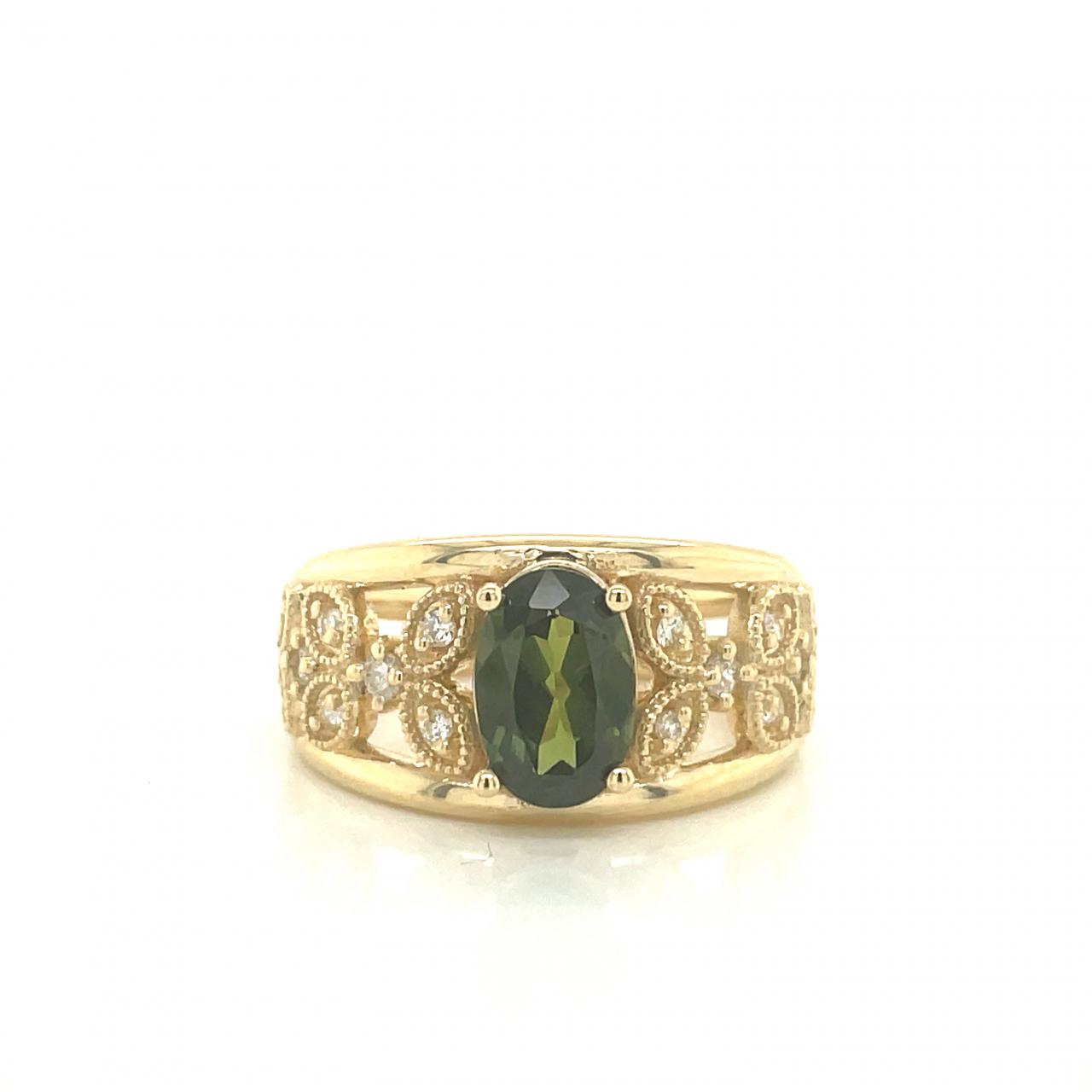 Green Sapphire & Diamond 9k Yellow Gold Filigree Leaf Detailed Ring
