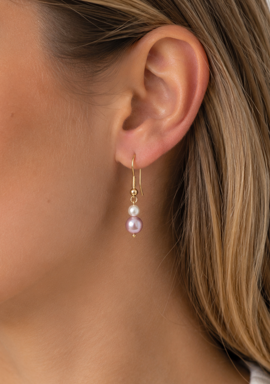 9ct Yellow Gold Pink & White Pearl Drop Hook Earrings