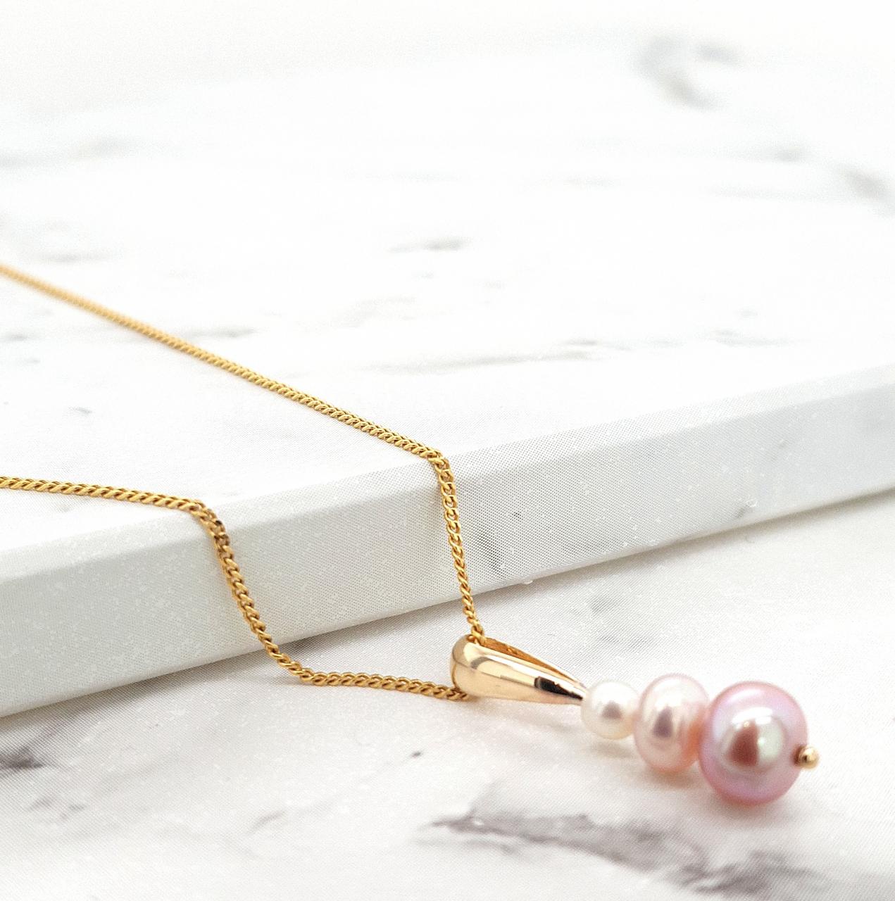 9ct Yellow Gold Pink & White Pearl Graduated Drop Pendant Necklace