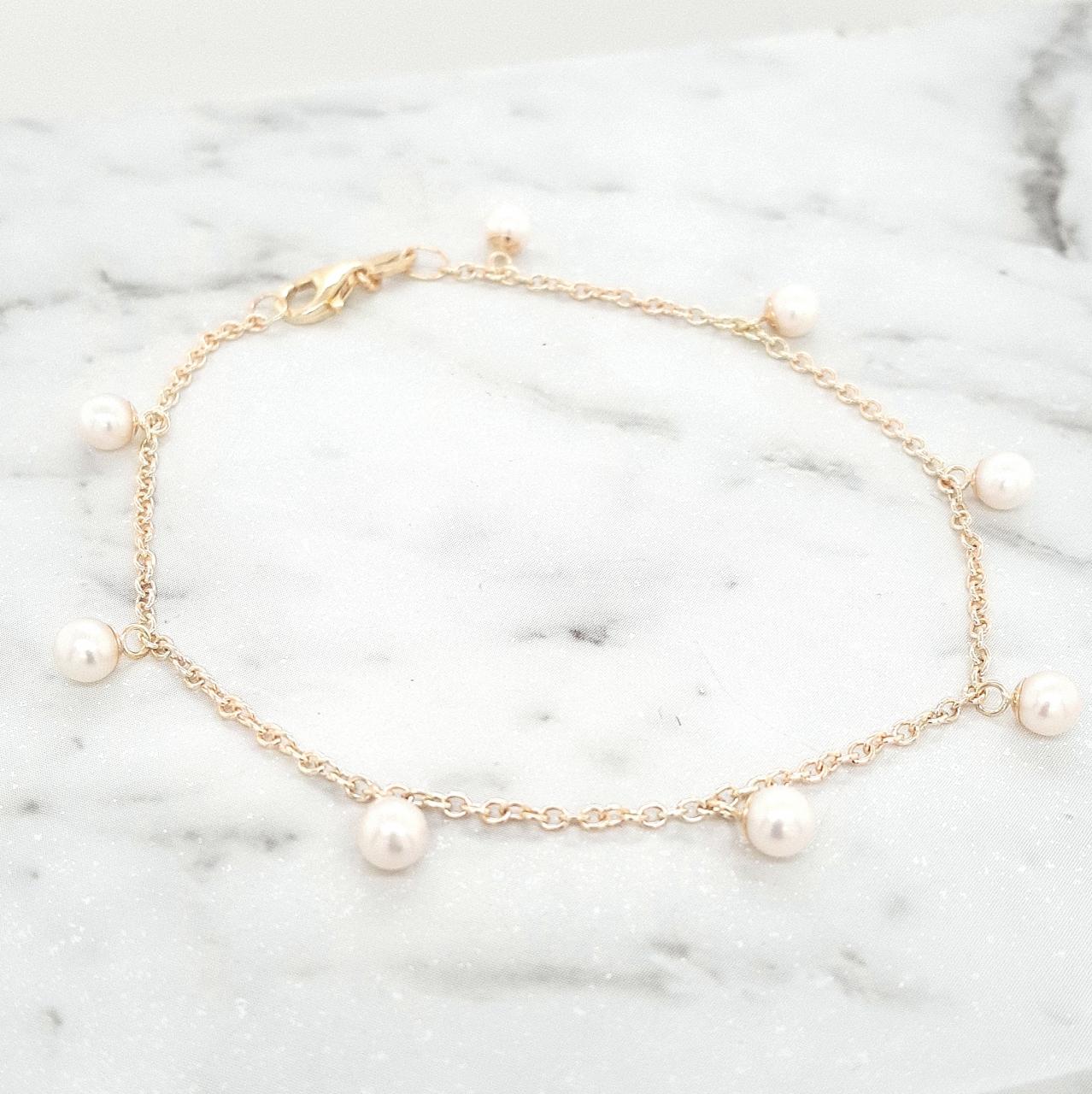 9ct Yellow Gold Cable Link Chain with Pearl Drops Bracelet