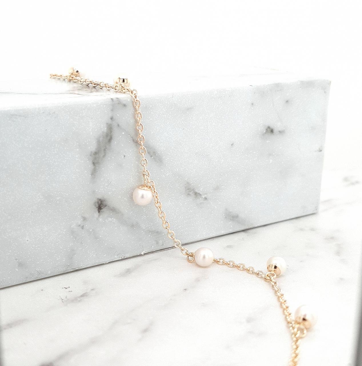 9ct Yellow Gold Cable Link Chain with Pearl Drops Bracelet