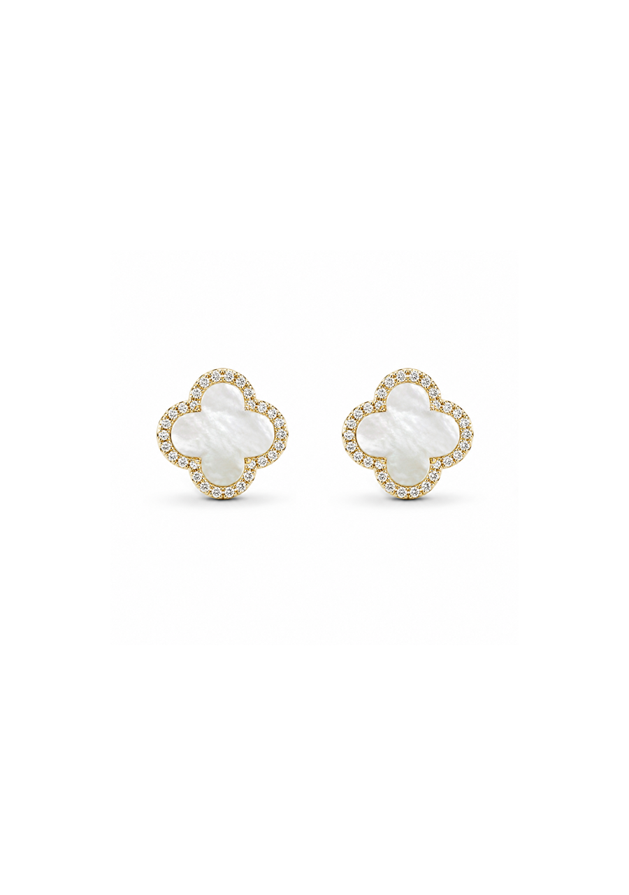 9ct Yellow Gold Mother of Pearl Cubic Zirconia Clover Stud Earrings
