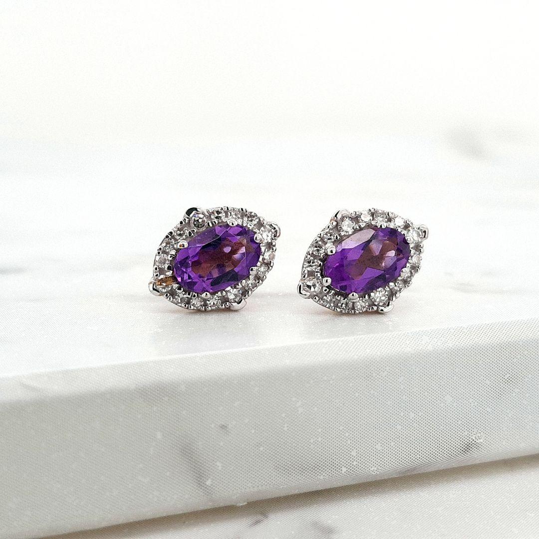 Amethyst & Diamond 9ct Yellow Gold Stud Earrings
