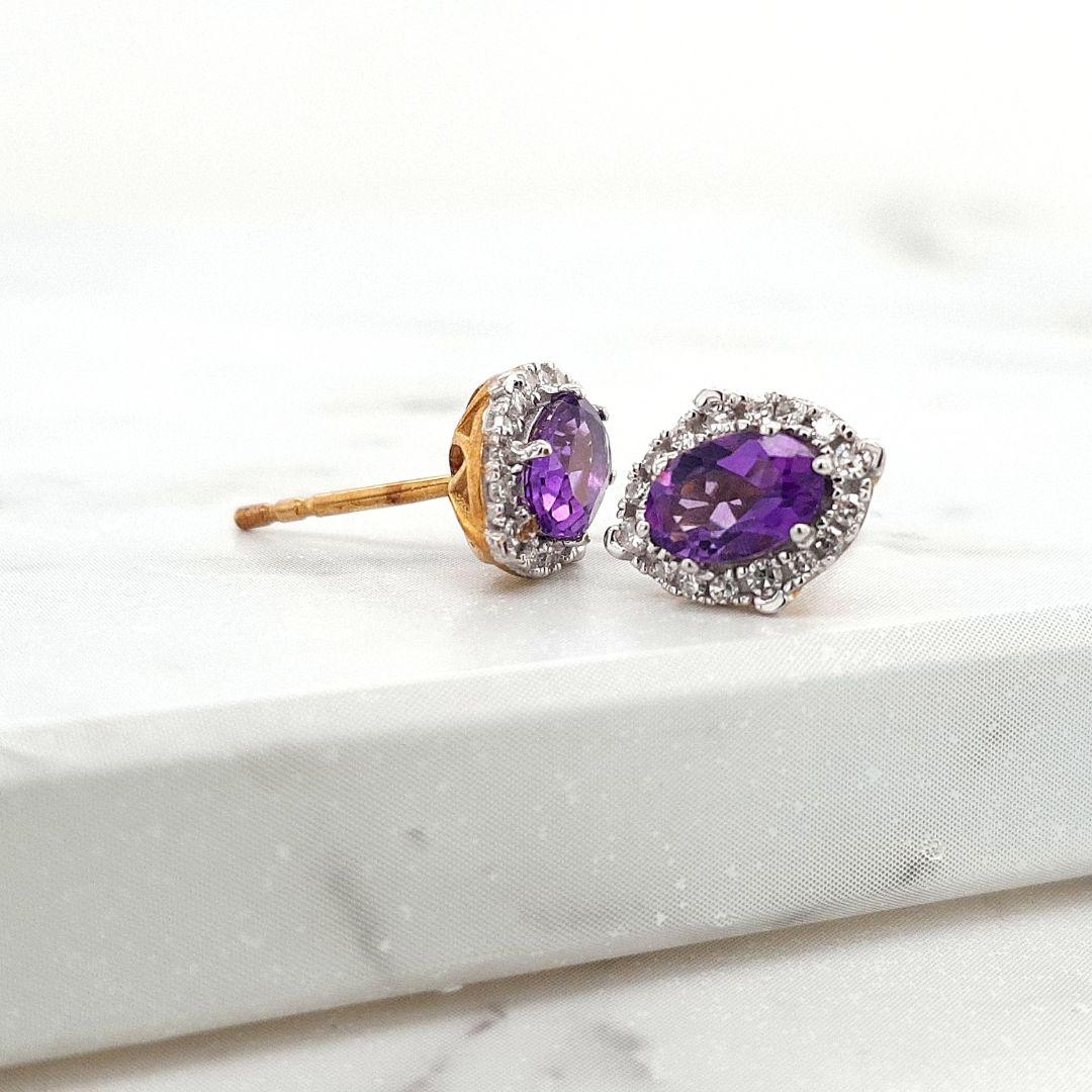 Amethyst & Diamond 9ct Yellow Gold Stud Earrings