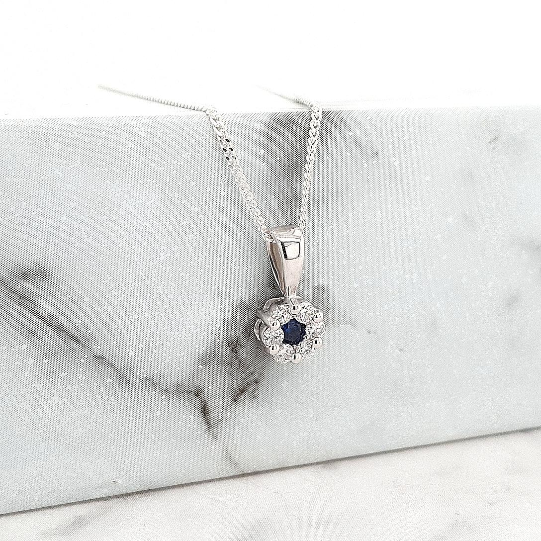 Sapphire & Diamond 9ct White Gold Cluster Pendant